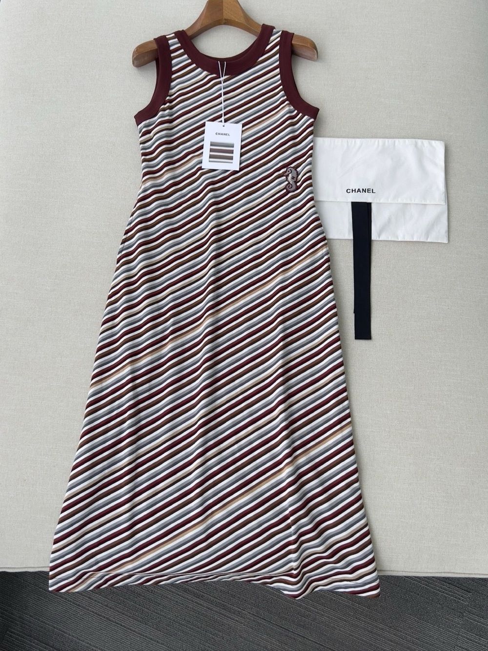 CHANEL Striped Sleeveless Maxi Dress in Burgundy, Ivory and Brown